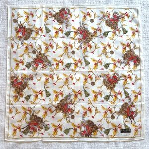 Vintage CELINE Paris Cotton Holiday Holly Equestrian Scarf Ivory & Gold PRISTINE